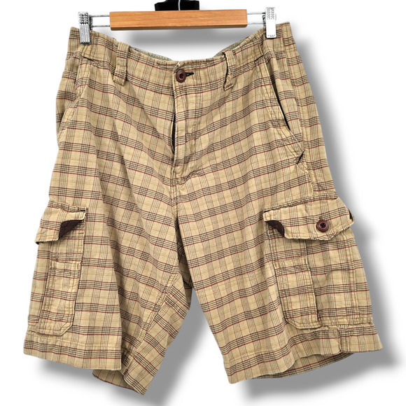 Op Men's Vintage Plaid‎ Flannel 100% Cotton Cargo Shorts Tan Red Size 34 - Picture 1 of 11